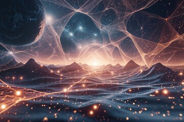 Wall Mural - Cosmic Particle Mesh Background with Ethereal Technology and Dynamic Visuals