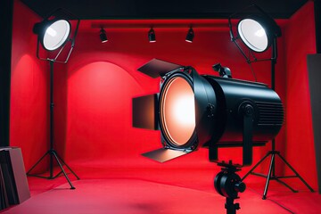 Wall Mural - Artistic Studio Spotlight on Vibrant Red Background for Creative Design Inspiration