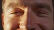 © Johannes - White man opening eyes looking at camera and smiling, close-up portrait face.