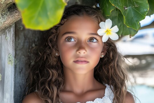adorable girl with flower in hair: tropical beach portrait