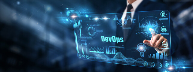 Wall Mural - devops: businessman analyzing digital screen of graph data and continuous integration, automation, c