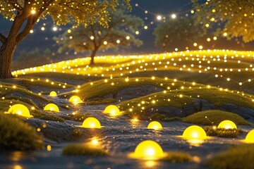 Wall Mural - Serene Yellow Landscape with Twinkling Lights, Bright Digital Background and Joyful Illumination