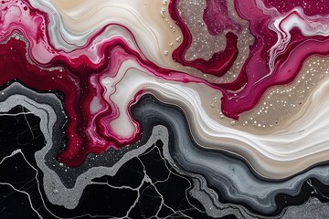 Wall Mural - Invigorating Abstract Fluid Art: Vibrant Ruby and Pearl Acrylics with Shimmering Onyx Marble Texture
