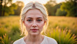 © Alina - Young blonde woman with serene expression in nature during sunset, peaceful mood