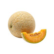 © GMeta - Ripe cantaloupe melon with textured beige rind and juicy orange flesh isolated on a white background