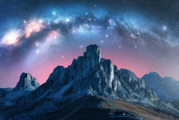 Wall Mural - milky way galaxy is shining over majestic alpine mountain range on summer night. paso giau, dolomite
