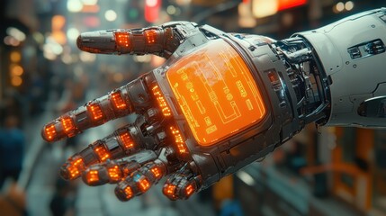 Wall Mural - a close-up shot of a robotic hand with a glowing display screen, useful for futuristic or sci-fi the