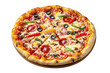 © SAM''s GALLREY - Mouthwatering pepperoni pizza topped with fresh vegetables on a wooden platter, served hot isolated on transparent background