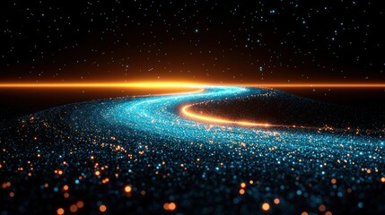 Wall Mural - Glowing stream flows across dark space landscape dotted with stars and light flares