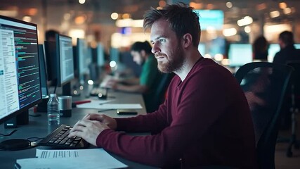 Focused programmer working on a computer in a modern office environment with colleagues nearby