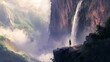 © Thiago - A lone hiker stands on a rock in front of a magnificent waterfall cascading down a steep cliff in a breathtaking landscape. Beauty - Portrait. Illustration