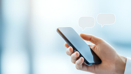 hand holding black smartphone with blank screen, symbolizing communication. background is softly blurred, creating modern and tech savvy atmosphere