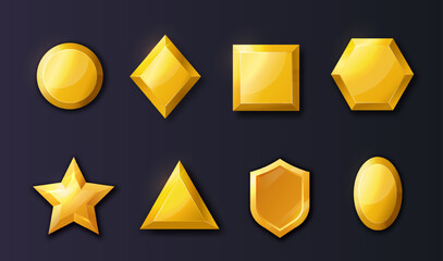 Golden objects set. Gold geometric figures, hexagon, star, square and triangle. Buttons for mobile app or program menu. Isometric vector collection