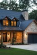 © gamespirit - Nestled in a serene environment, this enchanting stone house beautifully blends modern and rustic design elements, radiating a warm glow at dusk