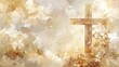 © Johannes - Beautiful wooden cross illuminated by soft golden watercolor background with heavenly clouds