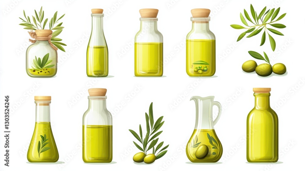 Olive oil set. Isolated organic extra virgin olive oil glass bottle ...