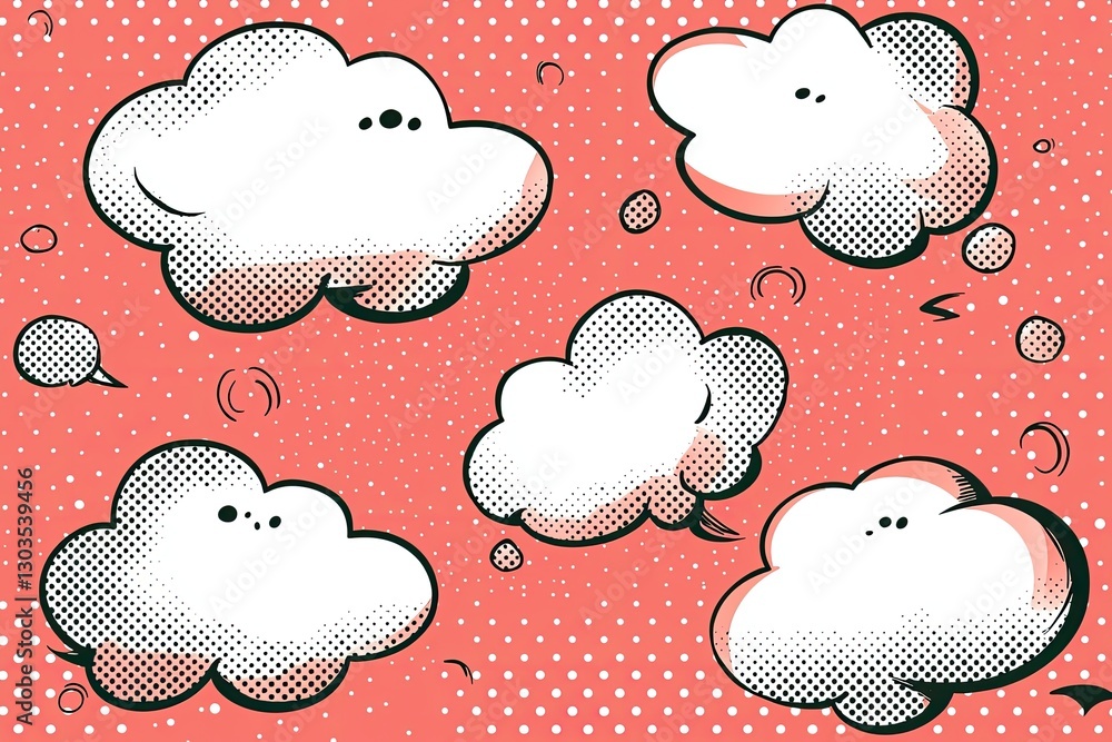 Retro Comic Speech Bubbles and Clouds on Red Halftone Background – Pop ...