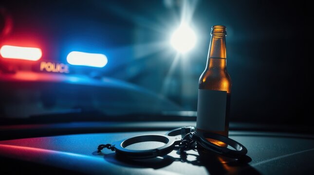 Impaired Driving: Beer bottle on police car with handcuffs symbolizes driving under the influence consequences
