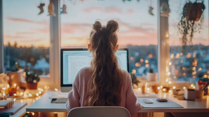 Dreamy Workspace: Girl Working on Computer at Home with Sunset View, Ideal for Remote Work or Education Concept