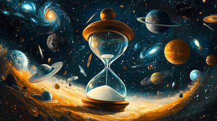 Wall Mural - a cosmic illustration showing an hourglass floating in space, with planets, stars, and galaxies swir