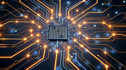 Close-up of a microchip surrounded by glowing circuits on a dark background