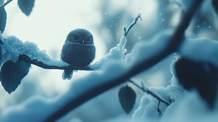 Wall Mural -   A tiny owl perched on tree limbs covered in snow against a blue backdrop