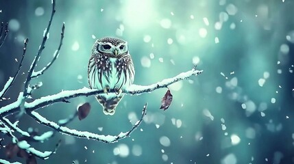 Wall Mural -   Owl on tree branch in winter forest, snowflakes falling
