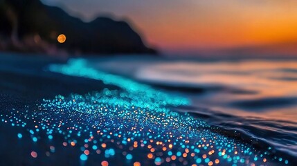 Wall Mural - a clear photo of a beach with a focused image of the ocean and a vibrant orange sun in the backdrop