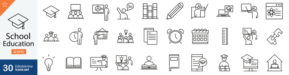 school education line icons set. collection of 30 outline icons representing learning, teaching, aca
