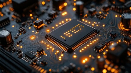 Closeup Circuit Board with Illuminated Chip