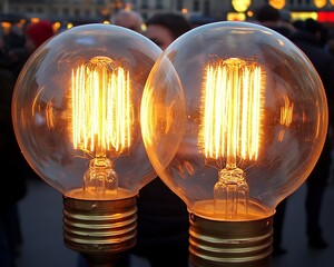 two bright electric bulbs illuminate outside at night