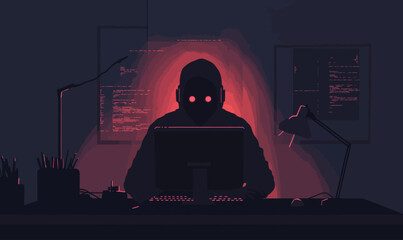 Dark Web Hacker at Computer in Minimalist Flat Vector Style for Cybersecurity Concepts