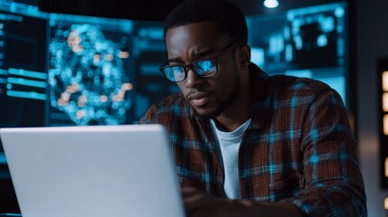 Focused African American Developer Coding on Laptop with Data Screens, Software, Programmer
