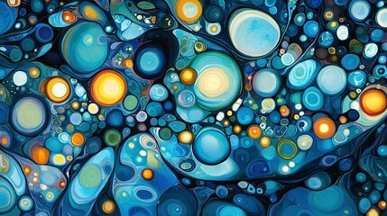 Wall Mural - a painting featuring blue, yellow, and orange circles against a blue backdrop with a central white c