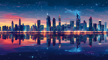 Wall Mural - Riyadh skyline at night a panoramic view of the city's iconic buildings, riyadh , saudi arabia , skyline , cityscape , night. Reflection - Mirror. Illustration