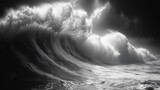 A huge wave breaking on the shoreline with intense force and dynamic textures in black and white. Generative AI