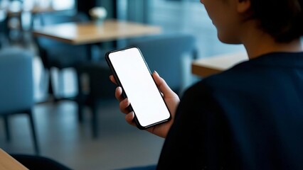 closeup of woman's hand holding smartphone with blank white screen,blurry restaurant background