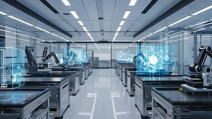 A futuristic, high-tech factory setting with robotic arms, computer screens, and advanced technology