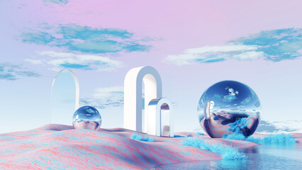 Wall Mural - 3D render, Surreal landscape with white arches, reflective spheres, and pink terrain background