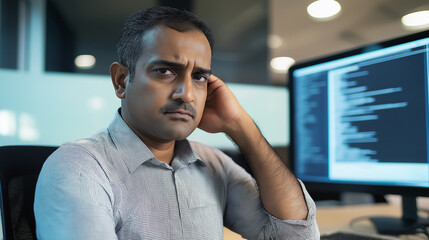 Leinwandbilder - Stressed indian programmer having headache while working late at night in office