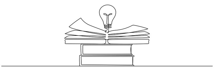 Wall Mural - light bulb above book and stack of books continuous one line art drawing. line drawing open book wit