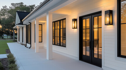 Poster - Modern white suburban house exterior with illuminated black framed windows at dusk
