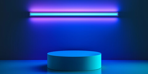 Poster - Empty blue podium illuminating under neon light in studio