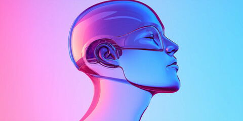 Poster - Glass head showing artificial intelligence glowing with neon colors