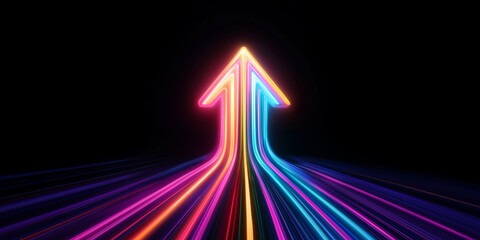 Poster - Glowing neon up arrow shows success, growth and progress