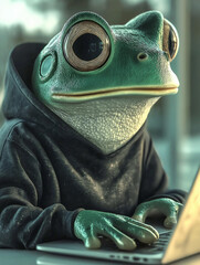 Poster - Programmer frog working on laptop wearing hoodie: artificial intelligence and technology