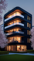 Poster - Modern black apartment building with balconies at dusk, surrounded by greenery
