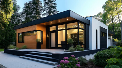 Poster - Modern suburban house with large windows and landscaped garden showing eco-friendly design