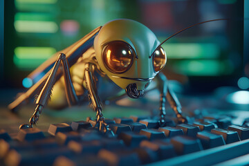 Fototapete - Robotic insect typing on keyboard: cyber security threat