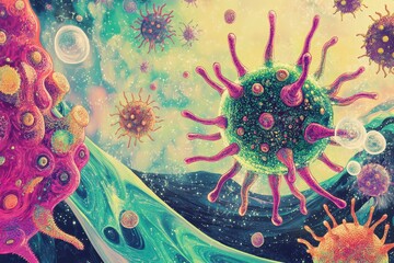 colorful surreal illustration of a virus with tentacle-like appendages, surrounded by floating molec